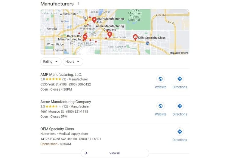 google my business result for oem manufacturers in denver co