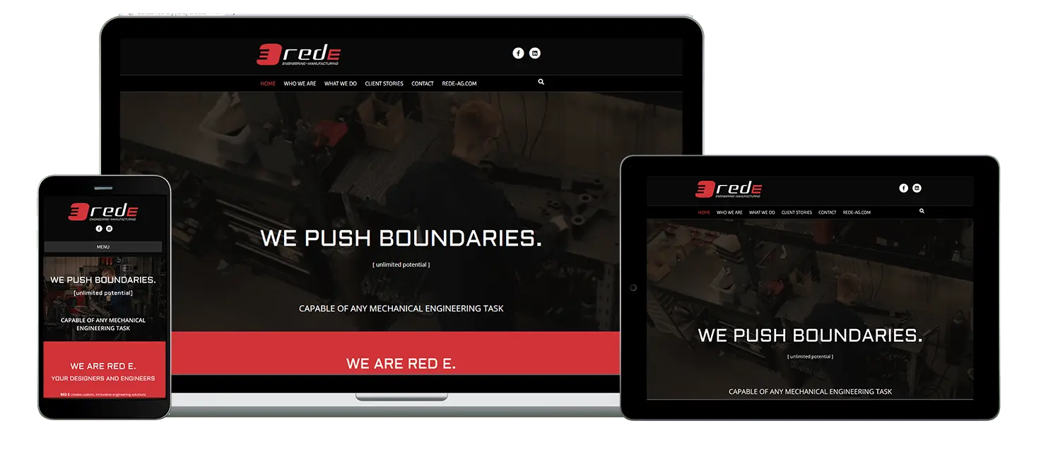 three devices displaying red e website homepage