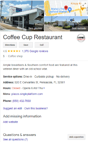 screenshot of coffee cup restaurant pensacola google business profile