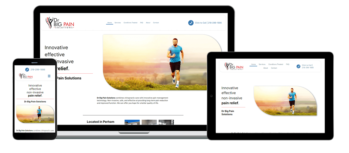 different device-type views of dr big pain website mobile tablet and desktop