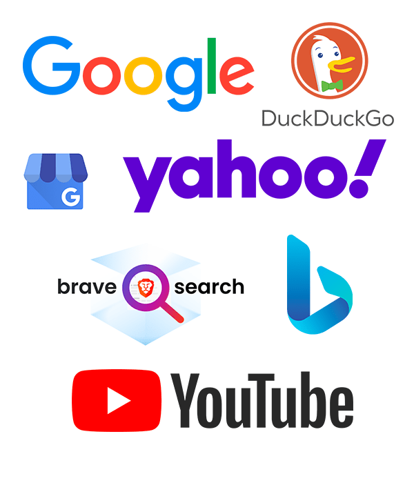 all major search engine logos including google, duckduckgo, google business, yahoo, brave search, bing and youtube