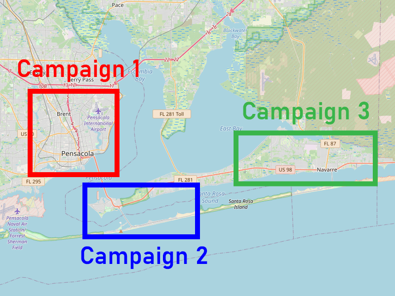 square boxes on map marking the campaign strategy