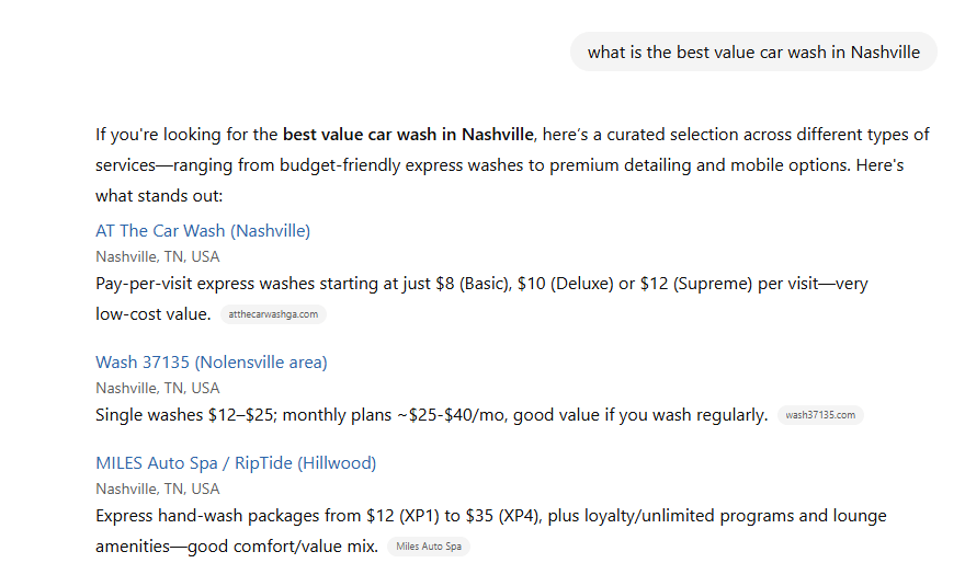 chatgpt result in September 2025 for best car wash Nashville