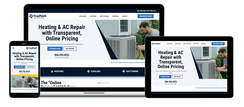 screenshot of truepointair.com on three device sizes